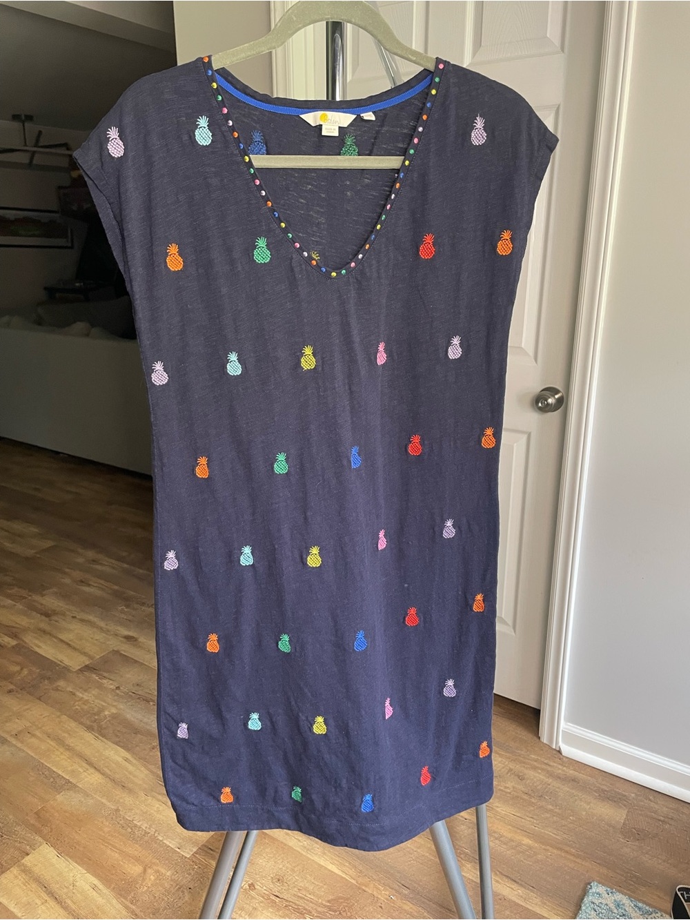 Boden Navy Pineapple Embroidered Dress